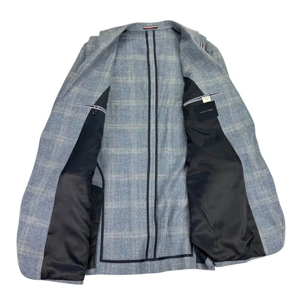 Tommy Hilfiger Mens TH Flex Gene Modern Fit Plaid Sport Coat Light Blue 40L
